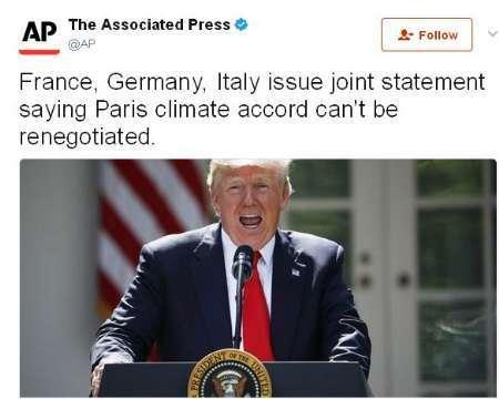 آلمان، فرانسه و ایتالیادربیانیه ای مشترک:توافق پاریس قابل مذاکره نیست